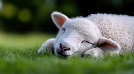 Obraz premium A sweet lamb sleeping peacefully on fresh grass