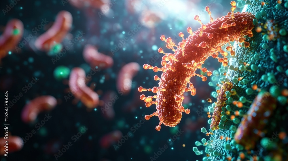 Poster microscopic close-up visualization of a vibrant orange-red comma-shaped virus interacting with a tea
