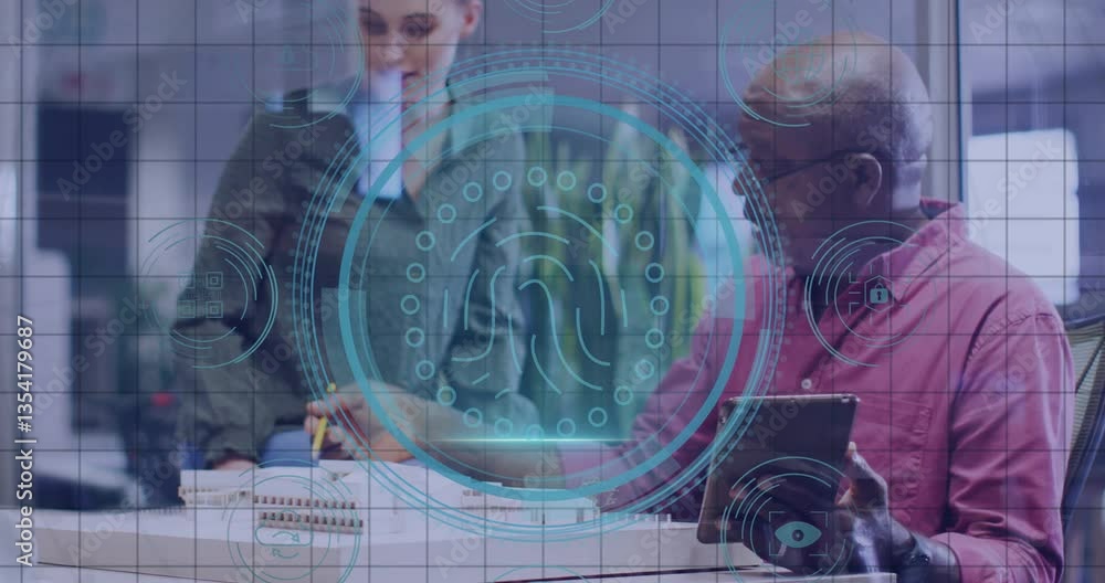 Poster digital interface animation over diverse colleagues collaborating in modern office