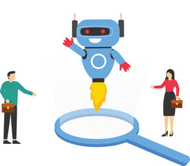 Business selection vector concept: Hand of man choosing robot with magnifying glass while businesswoman and businessman standing together

