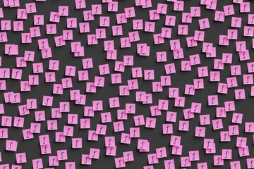 Many pink stickers on black board background with symbol of Aruba guilder drawn on them. Flat view. 3d render, illustration