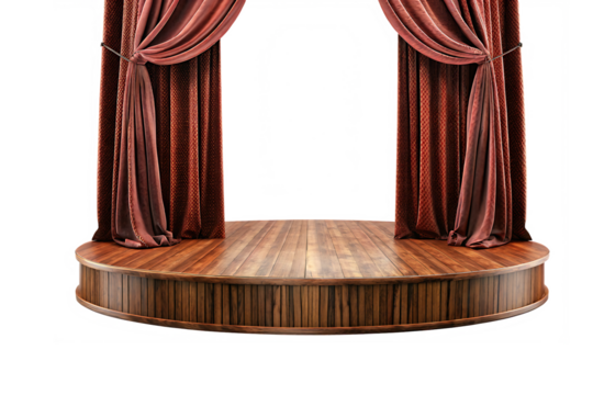 Wooden vintage stage with curtains isolated on transparent or white background PNG. GENERATIVE AI