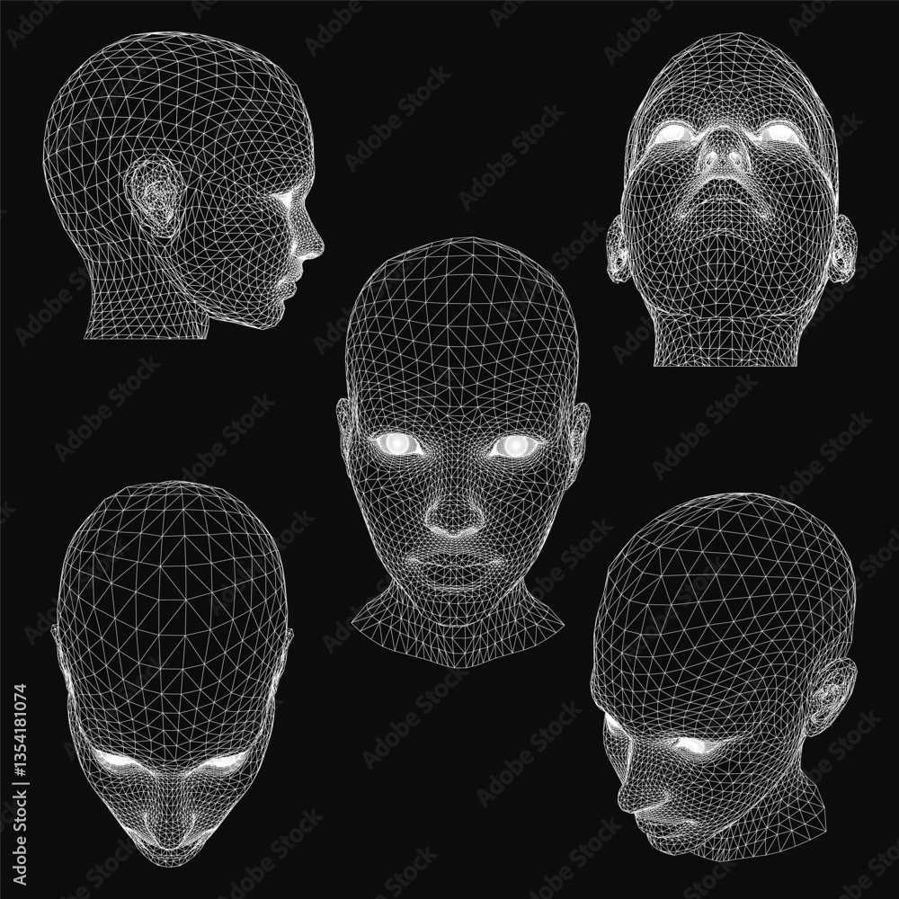 Poster a series of black and white images of faces with a grid pattern. the faces are all different sizes a