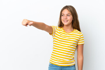Fototapeta premium Little caucasian girl isolated on white background giving a thumbs up gesture
