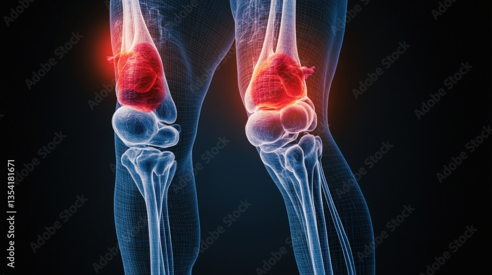 Poster detailed digital rende of human legs displaying a skeletal structure with highlighted inflamed knee 