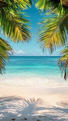 Obraz premium Serene Beach View with Palm Leaves and Clear Blue Sky