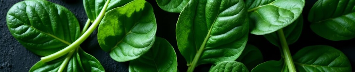 - Close-up of vibrant spinach leaves on black background, organic, fresh