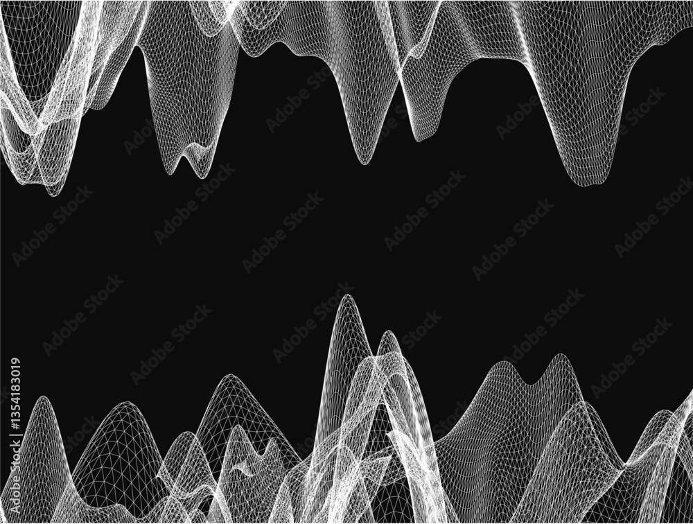 Poster the image is a black and white of a mountain range with a white background. the mountains are shown 