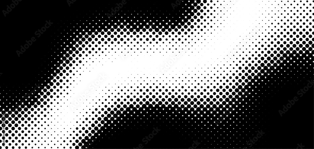 Aufkleber Stipple pointillism texture. Sand, grain gradient. Abstract black halftone wavy circles composed of various dots on transparent background. Geometric vector pattern for banner, card, comic book