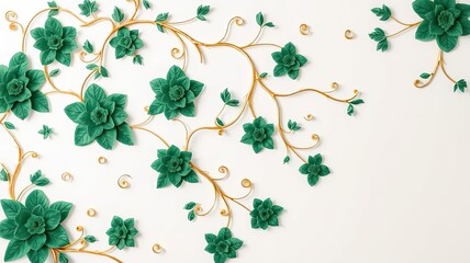 Elegant Emerald Green Flowers Gold Vines White Background Floral Design
