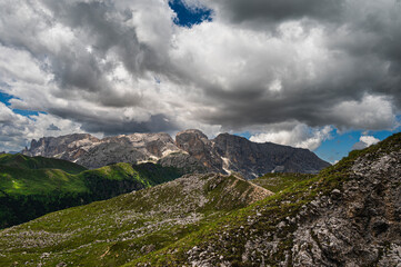 Fototapeta premium nature sceneries along the trail starting from Col Rodella and crossing Val Duron, Val di Fassa, Dolomites, Italy
