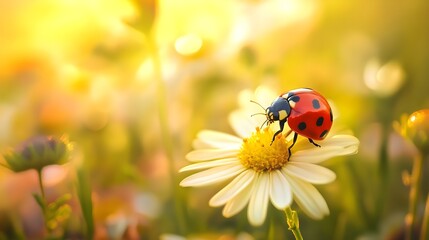 Naklejka premium Ladybug on a Daisy: A vibrant ladybug perched on a delicate daisy, a colorful image capturing the serenity of nature, with a soft blurred background. 