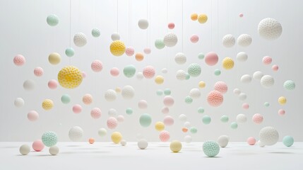 A burst of colorful Styrofoam mini balls flying in all directions against a bright white background, creating a dynamic explosion effect.