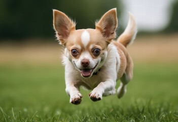 chihuahua dog running in the countryside, adorable purebreed pet playing outdoors in the meadown, doggy in the nature