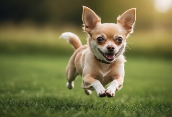 Fototapeta premium chihuahua dog running on green grass of a public park, adorable purebreed pet playing outdoors in the meadown, doggy in the nature under a blue sky and a beautiful sunny day