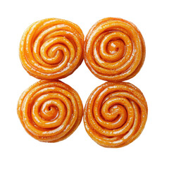 Fototapeta premium Four jalebis, a popular Indian sweet, arranged on a transparent background. Crispy, syrupy, and delicious.