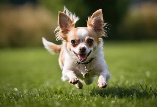 chihuahua dog running on green grass of a public park, adorable purebreed pet playing outdoors in the meadown, doggy in the nature under a blue sky and a beautiful sunny day