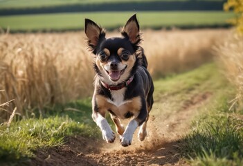 chihuahua dog running in the countryside, adorable purebreed pet playing outdoors in the meadown, doggy in the nature