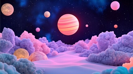 Fototapeta premium surreal celestial landscape where planetary fragments float within a nebula, inhabited by spectral beings who transcend physica 