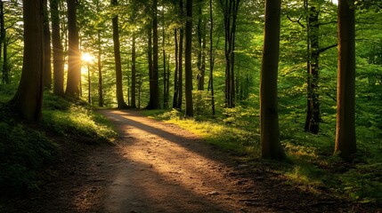 Sunlit Forest Path: A captivating image of a forest path bathed in sunlight, inviting viewers to explore nature's serenity.