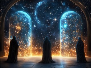 surreal cosmic marketplace where alien merchants with flowing, iridescent robes trade ancient relics and technology infused with stardust,dimensional