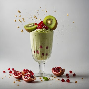 "Traditional kulfi treat floating in the air with kiwi slices and pomegranate arils against a pure white background. The kulfi has a rich, creamy texture with slight frost, while the vibrant green kiw