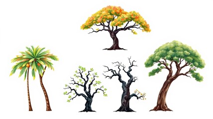 Diverse Tree Collection Palm Autumn Spring Summer Dead Trees Nature Illustrations
