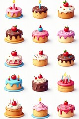 Collection of birthday cake icons in various shapes for cards, invitations, banners, prints, dessert, design, card