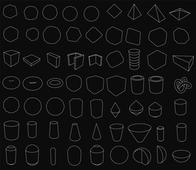 A collection of various shapes and forms, including circles, squares, and triangles, are drawn in black and white. Concept of creativity and artistic expression