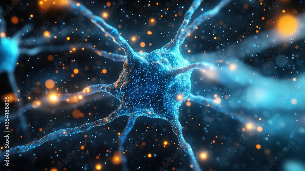 Poster stylized microscopic view of a glowing neuron network in blue and orange against a dark background w
