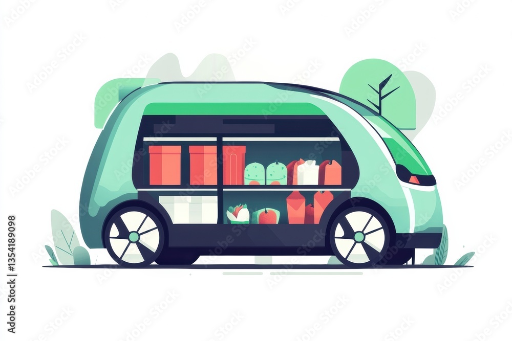 Poster futuristic eco-friendly delivery vehicle transporting grocery orders in a vibrant urban setting duri