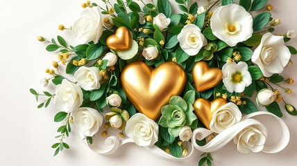 Golden Hearts White Roses Romantic Floral Arrangement