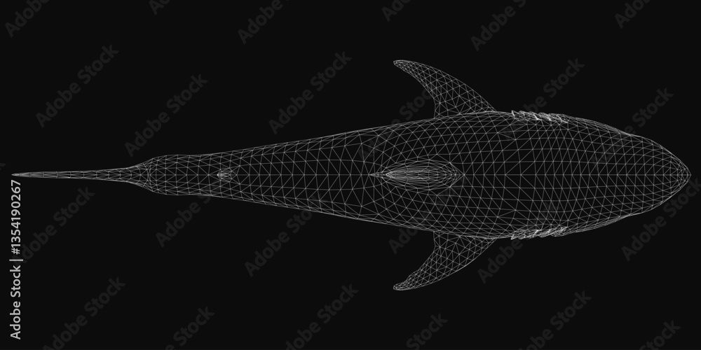 Poster a black and white image of a shark with a long tail. the image is abstract and has a futuristic feel