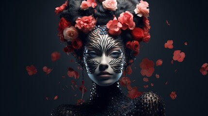 Close-up portrait of a woman with flowers in her hair on a dark background.Generative AI