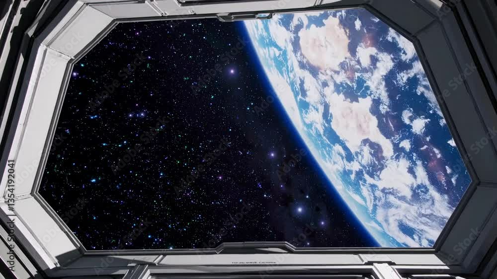 Poster a wide-angle view from a spaceship window shows earth and stars, capturing a serene, futuristic vide
