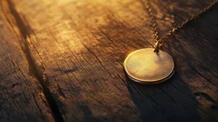 golden medallion necklace on wooden surface