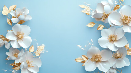 White Flowers and Golden Leaves on Blue Wall