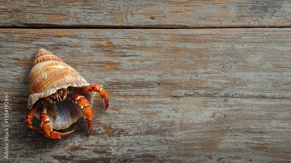 Poster A hermit crab with its shell isolated on a wooden-textured background. 