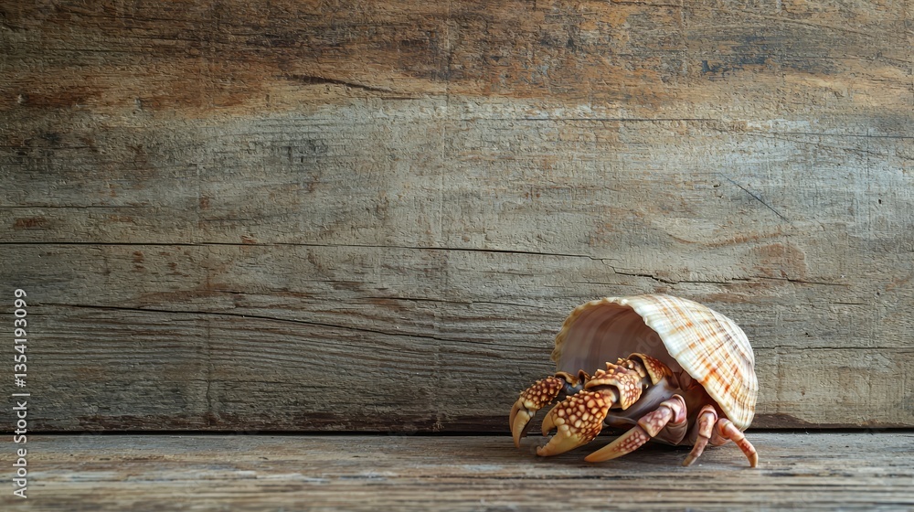 Poster A hermit crab with its shell isolated on a wooden-textured background. 