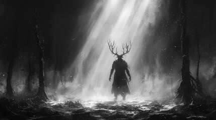 Obraz premium A haunting fantasy concept art of an evil deer-man warrior standing amidst a desolate forest of black, twisted trees and exposed roots. Generative AI