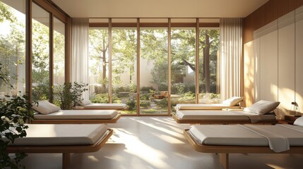Fototapeta premium serene spa relaxation room with natural light and wooden beds