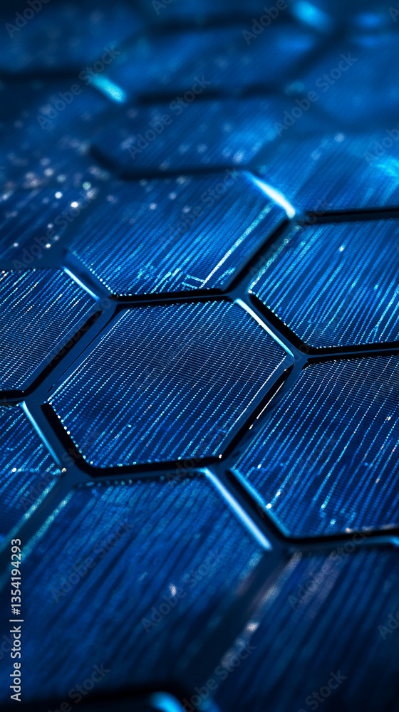 Poster close-up of dark blue hexagonal pattern, creating a technological and modern texture, representing i