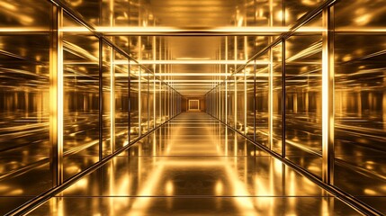 Golden mirrored corridor, glowing lights, infinite reflection, futuristic design, event backdrop