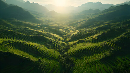 Pixelated Terraced Landscape At Sunrise