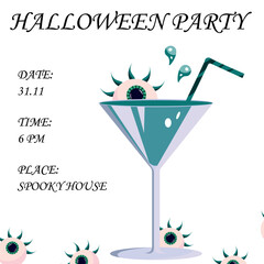 Halloween Party flyer vector illustration with poisonous cocktail and scary eyes on white background. Halloween party vector card design. Greeting card. Vector Halloween Party invitation. 