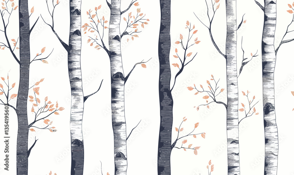 Poster minimalist birch tree seamless pattern with textured trunks for nature illustrations