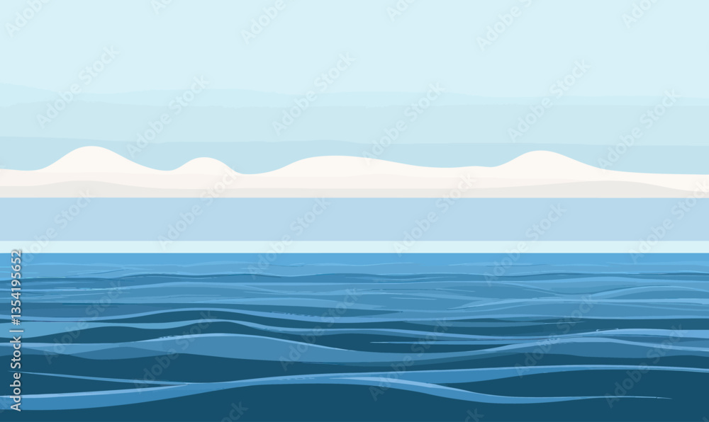Poster minimalist calm ocean vector with soft horizon and gentle waves for meditative themes