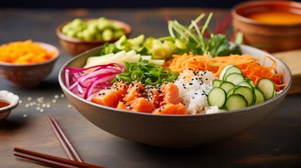 Close-up view of a bowl filled with food, salad, placed on a wooden table. Generative AI