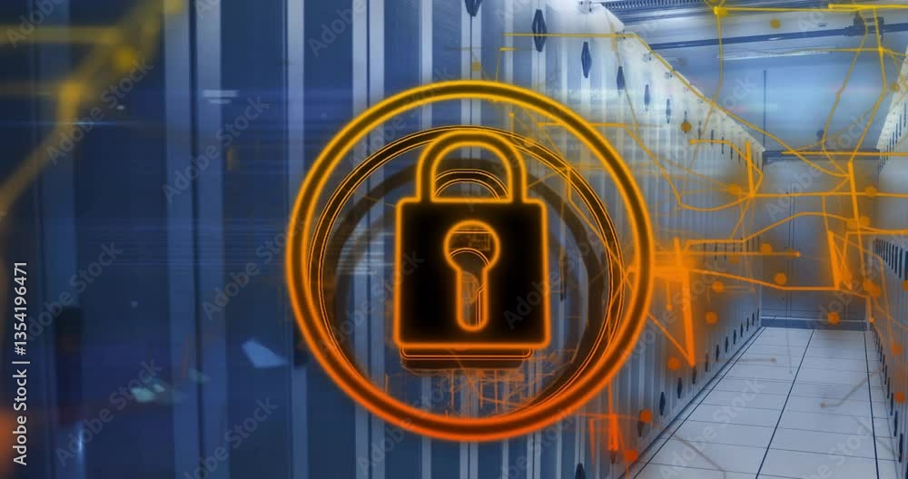 Poster lock icon animation over server room, representing data security and protection