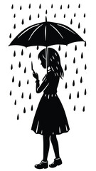 Silhouette  girl under the rain holding umbrella